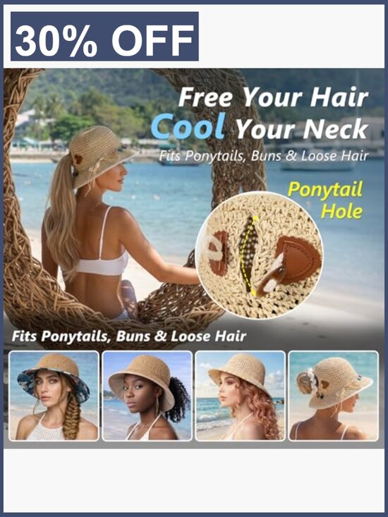 UPF50+ Wide Brim Straw Sun Hat with Ponytail Opening & Chin Strap main image 7
